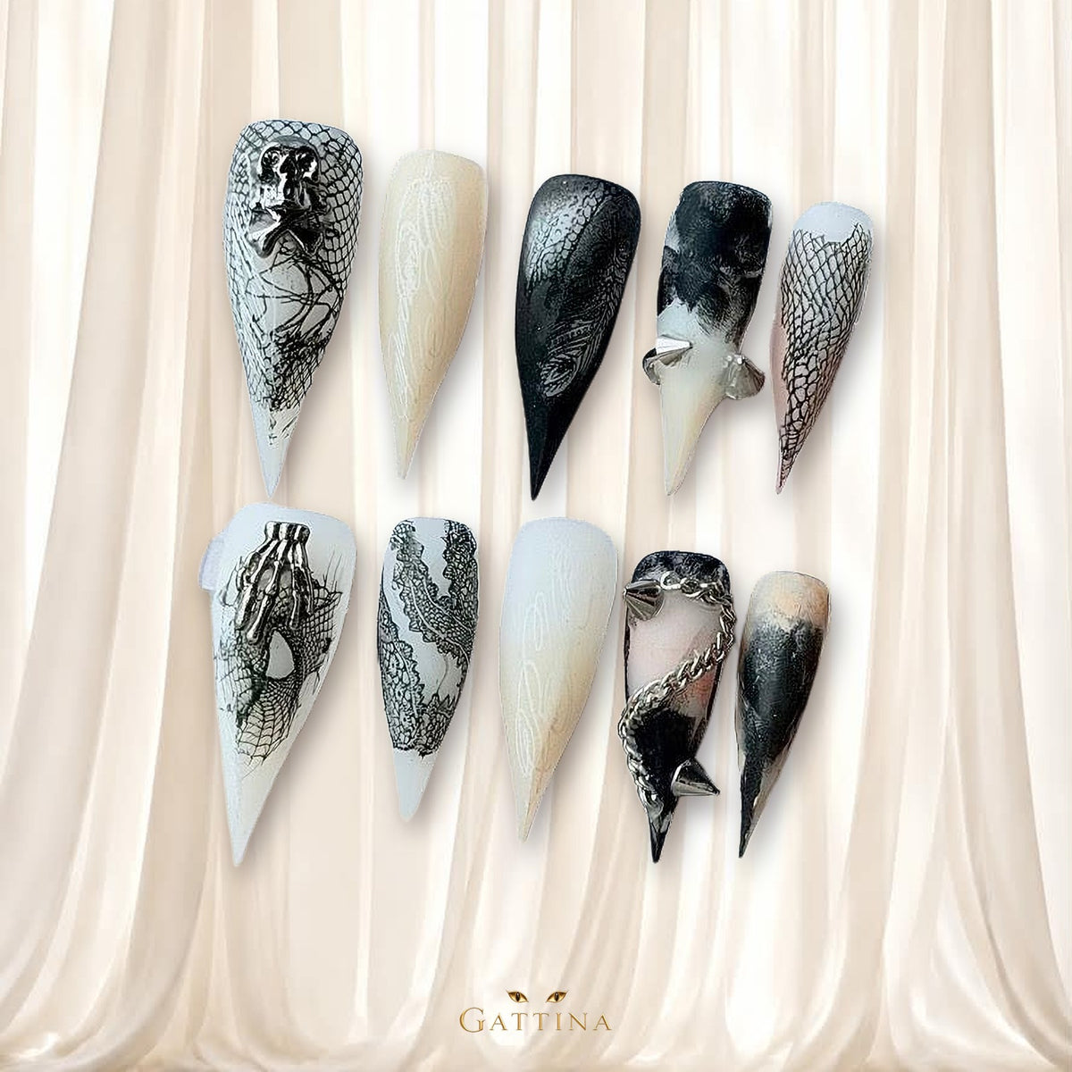 Skeleton Lace by Gattina, luxury hand-crafted press-on nails